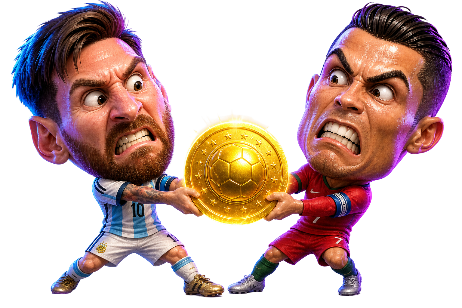Messi and Ronaldo caricatures fighting over a glowing gold coin